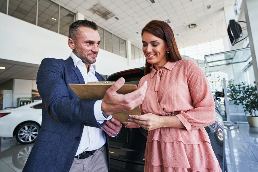 Satisfied client of the modern car showroom